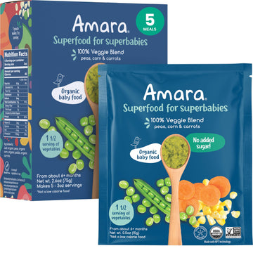 Amara Organic Baby Food - Stage 2 - Peas, Corn & Carrots - Baby Cereal To Mix With Breastmilk, Water Or Baby Formula - Shelf Sta