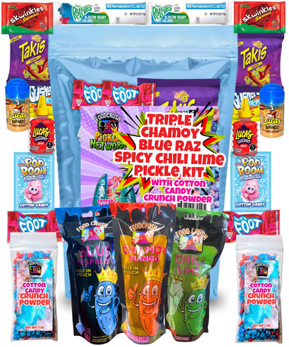 Chamoy + Cotton Candy Pickle Kit x3 Pickles (21 Pcs) Chamoy, Blue Raspberry Pickle + Extra Hot Chili Lime Pickle, Takis, Fruit B
