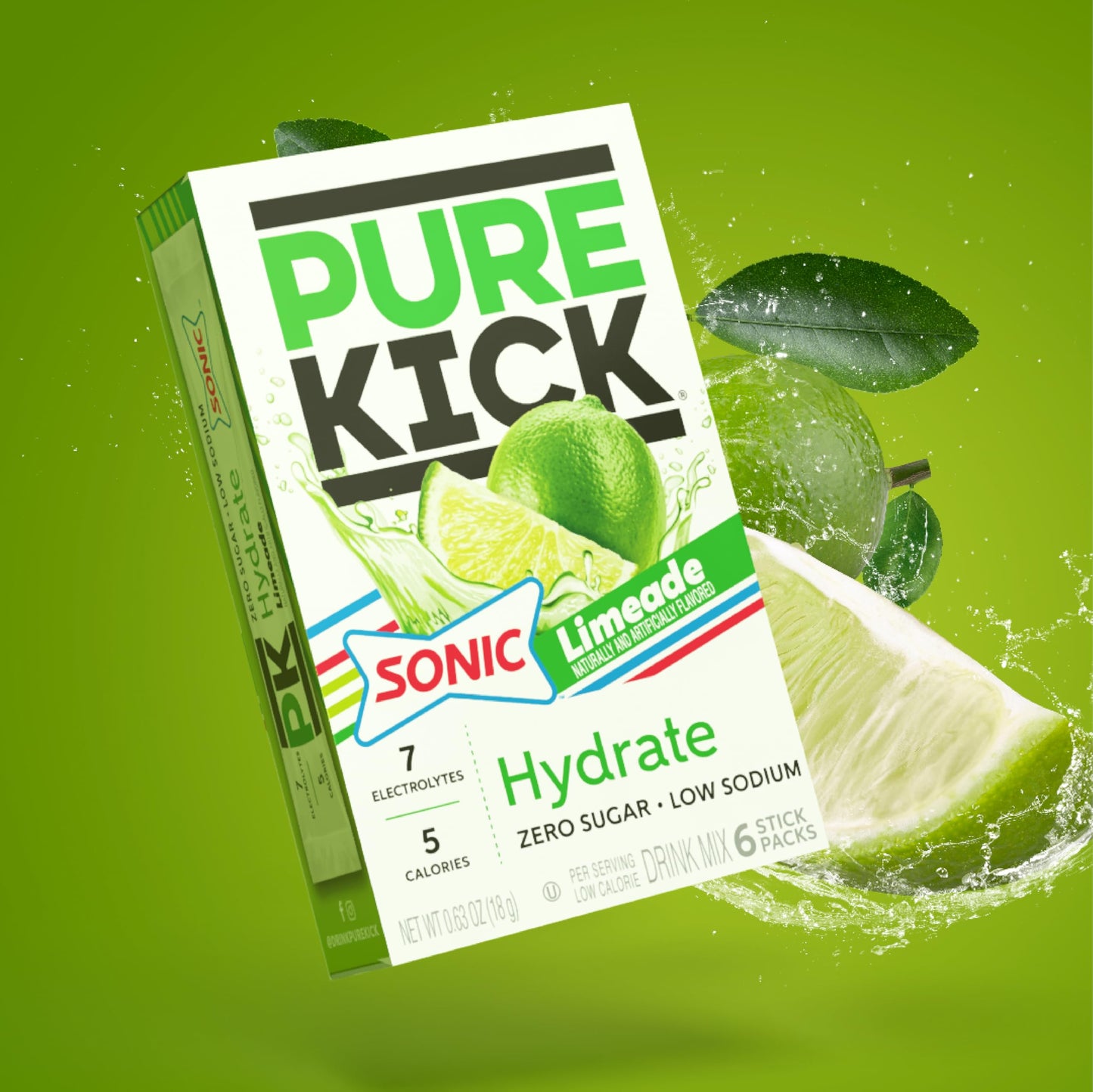 PURE KICK Hydration Singles Drink Mix, Sonic Limeade, 72 Packets (12 Boxes, 6 Packets Each)