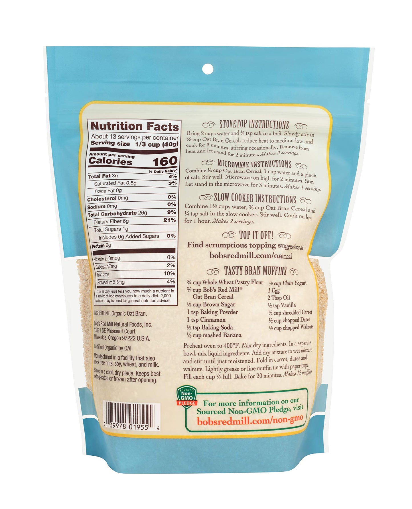 Bob'S Red Mill Organic High Fiber Oat Bran Hot Cereal, 18-Ounce (Pack Of 4)