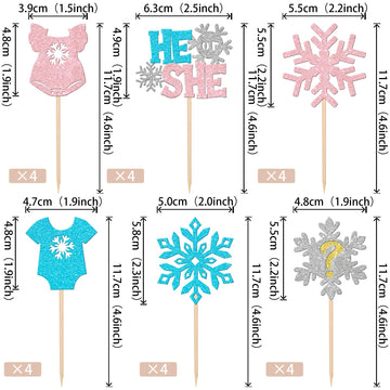 24 Pcs Snowflake Gender Reveal Cupcake Toppers Pink Blue Glitter He Or She Snowflake Cupcake Picks Boy Or Girl Cake Decorations