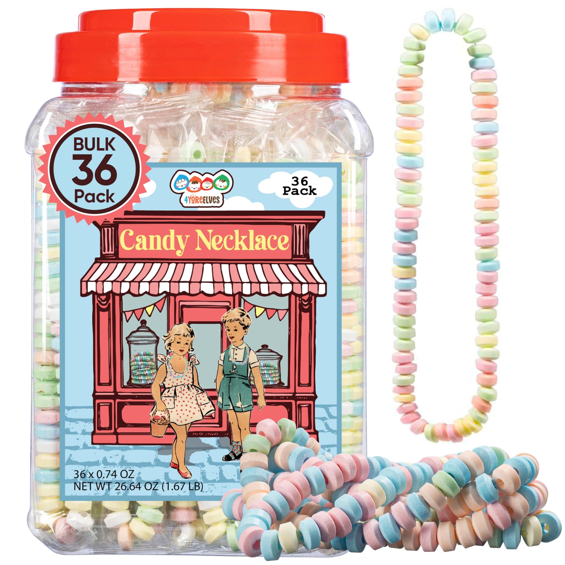 36 Candy Necklaces Individually Wrapped, Choker Style, Nostalgic Pastel Candy Jewelry Perfect for Party Favors, Pinata Fillers a