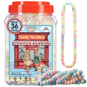 36 Candy Necklaces Individually Wrapped, Choker Style, Nostalgic Pastel Candy Jewelry Perfect for Party Favors, Pinata Fillers a