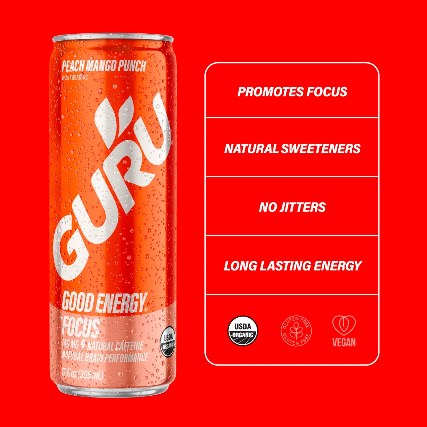 GURU Peach Mango Punch Organic Energy Drinks  Clean Energy Drink with Plant Based Natural Caffeine from Green Tea + Focus with L Theanine  Gluten Free and Vegan  140MG Caffeine  12oz (Pack of 24)