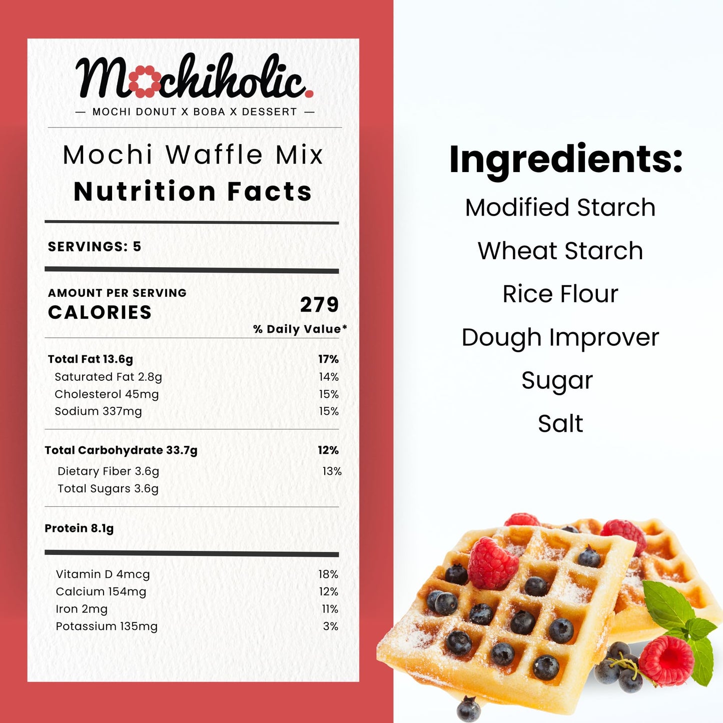 Mochi Waffle Mix Original Recipe - Rice Flour, Low Calories And Sugar - Essential Nutrients - 12 Oz Healthy Daily Snacks By Mochiholic (Pack Of 1)
