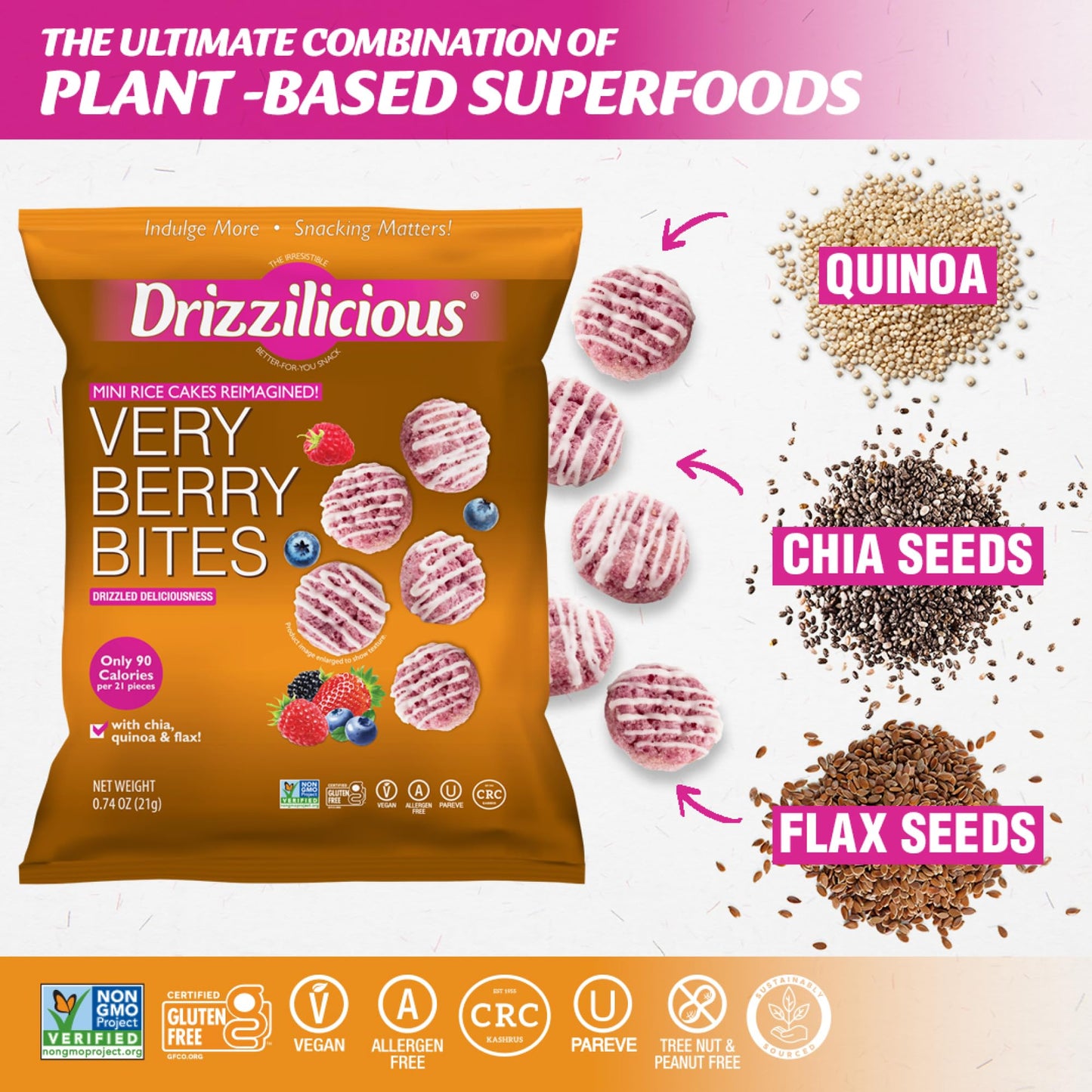 Drizzilicious Mini Rice Cakes Very Berry - Rice Crisps, Healthy Snack For Mature-Themeds And Kids, Flavored Rice Cakes, Vegan, Gluten Free, Allergen Free, Only 90 Calories Per Bag - .74 Oz (Pack Of 10)