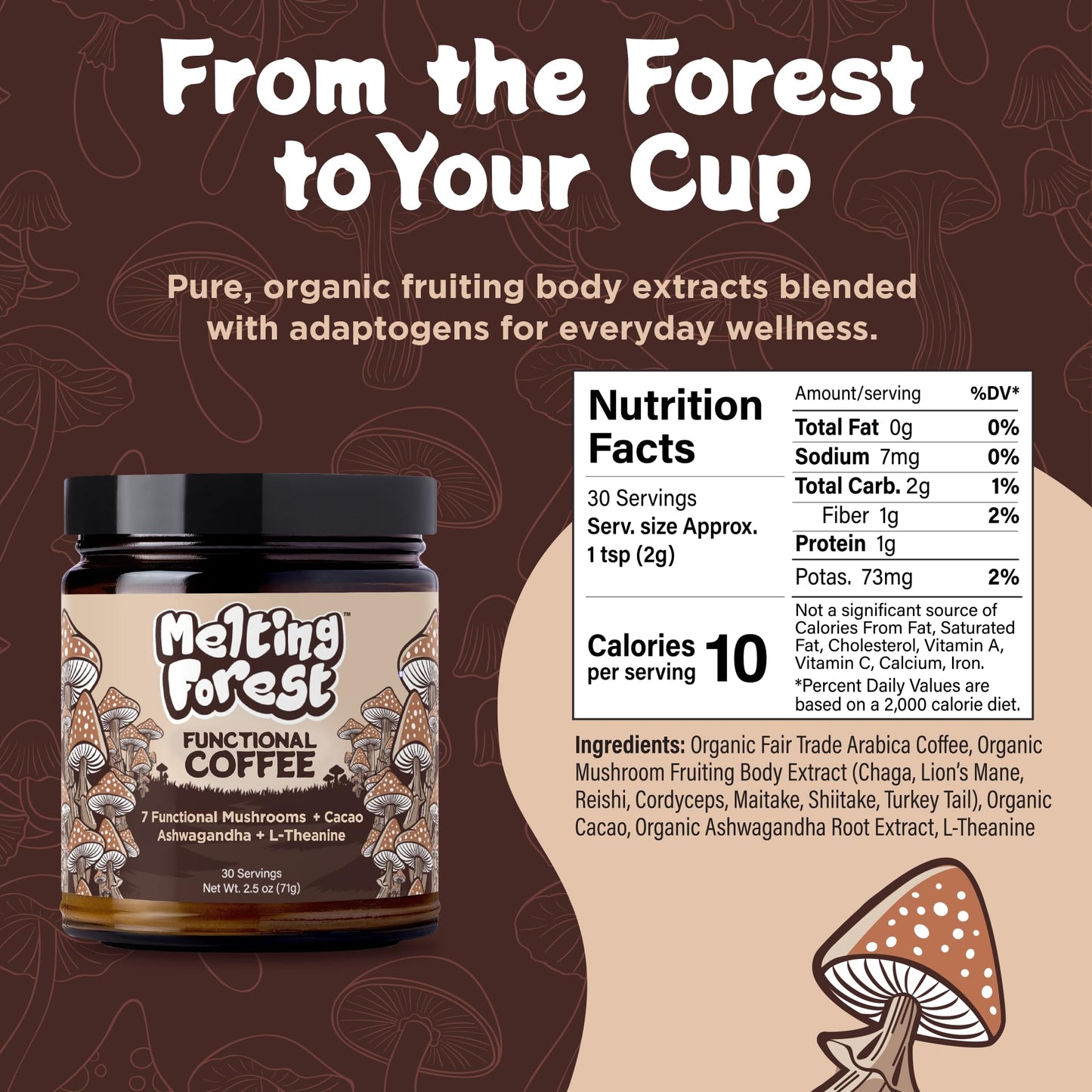 Melting Forest Mushroom Coffee  with 7 Functional Mushrooms  Cacao  Rhodiola  L-Theanine  Reishi & Lions Mane  Stress Relieving  Focus  Cognitive Function & Mental Clarity (30 Servings)