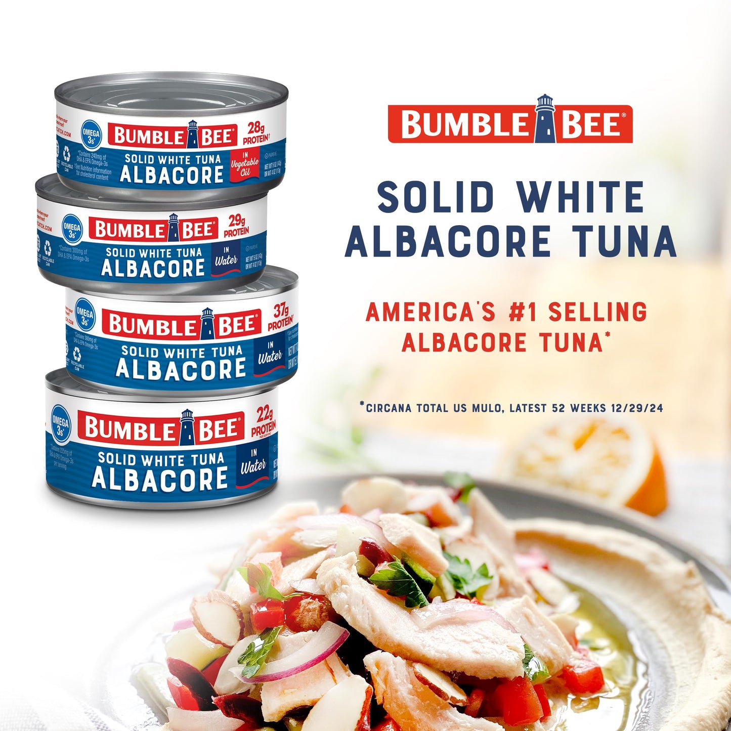 Bumble Bee Solid White Albacore Tuna in Water, 7 oz Can, Pack of 24, Non-GMO, 37g Protein, Wild Caught, Blue Packaging