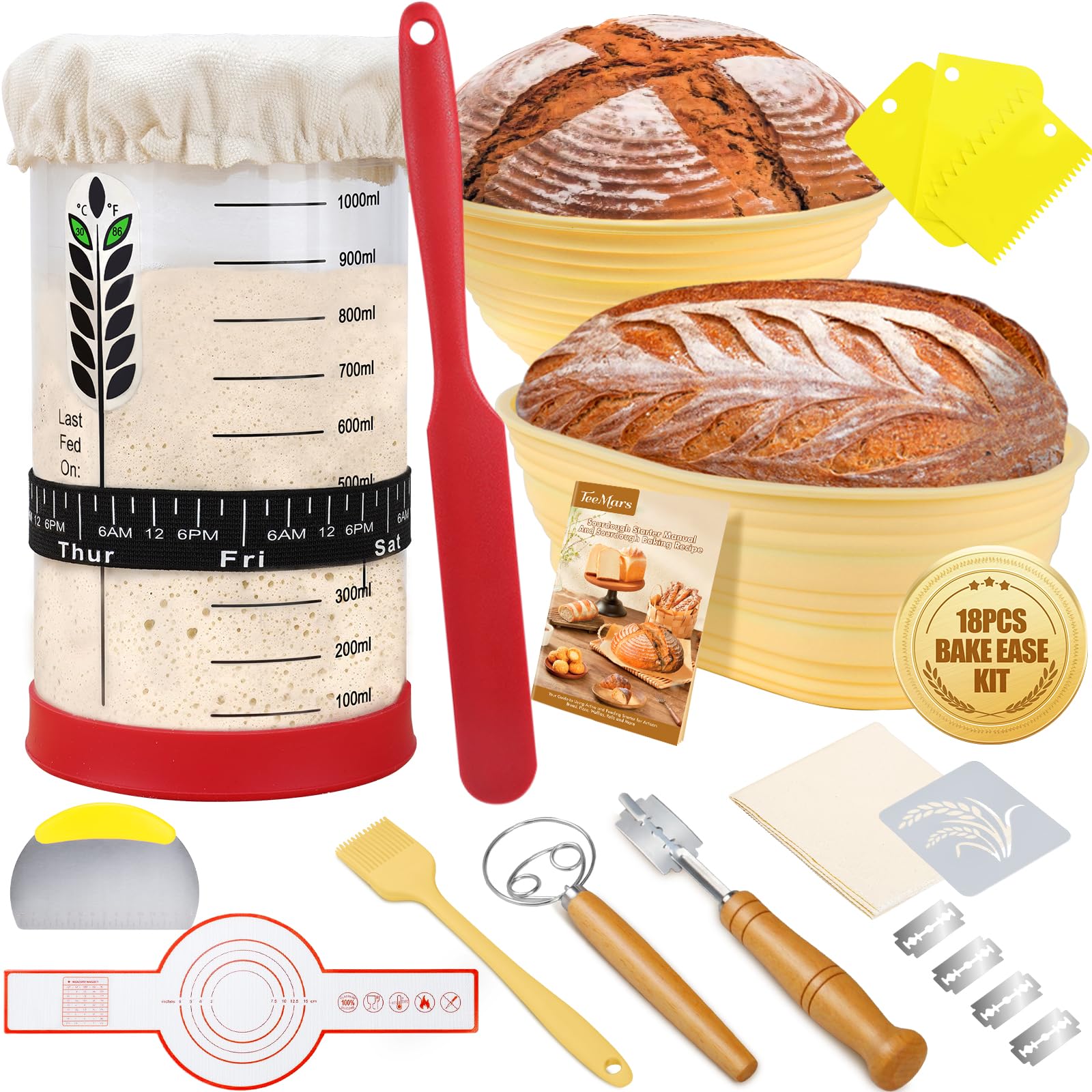 Bakeease Sourdough Starter Kit, 40Oz Sourdough Jar, 2 Silicone Proofing Baskets, Thermometer, Feeding Tracker, Sourdough Recipe, Dutch Oven Sling, Scrapers, 18Pcs Sourdough Bread Baking Supplies