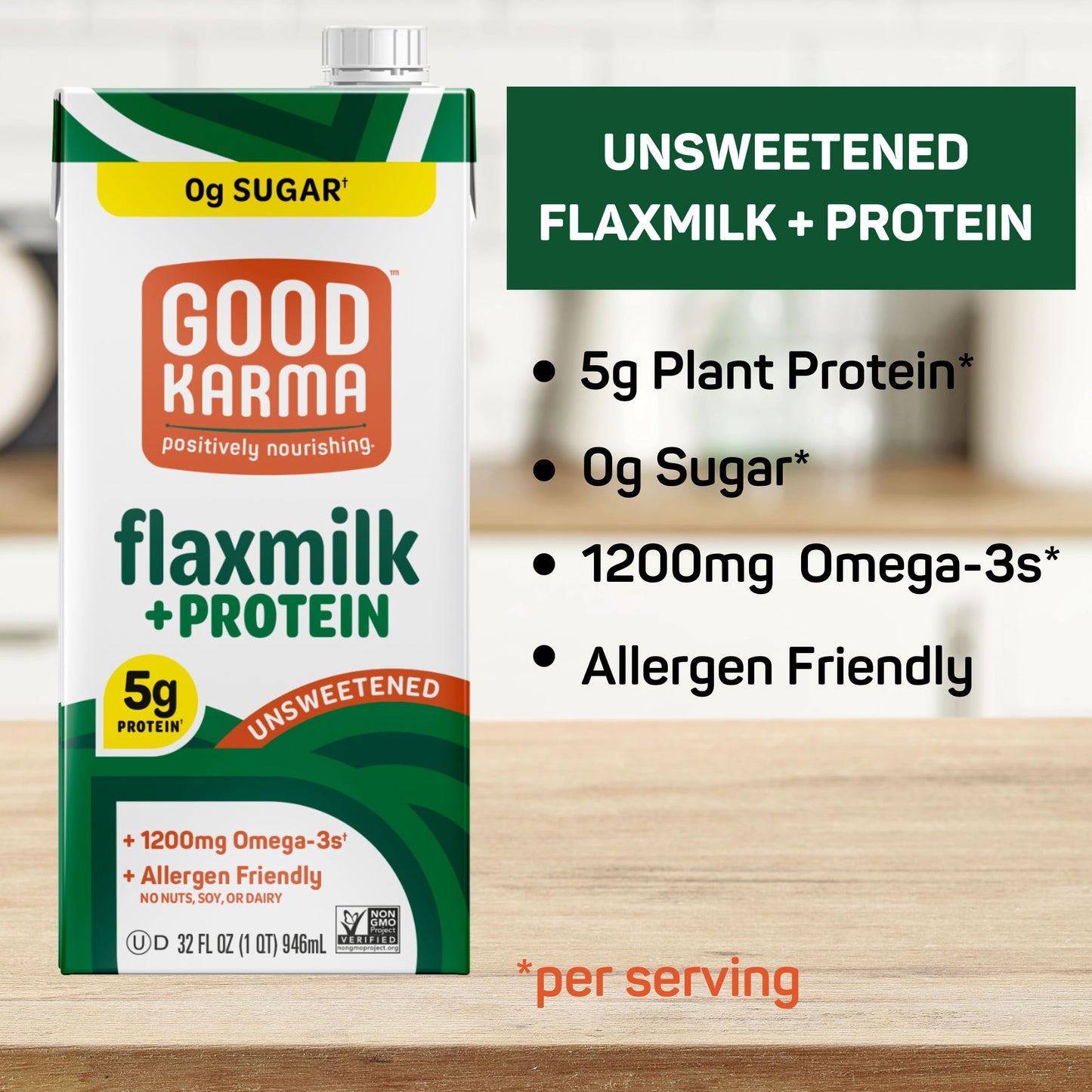 Good Karma Unsweetened Flaxmilk +Protein, 32 Ounce (Pack of 6), 5g Plant Protein + 1200mg Omega-3 Per Serving, Plant-Based Non-D