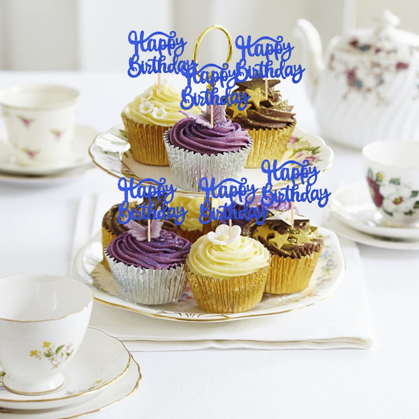 ZHUOWEISM 36 PCS Cupcake Toppers Glitter Decoration for Birthday Party, Dark Blue, Small, Bamboo