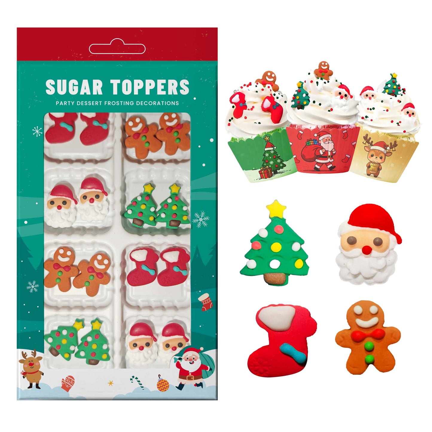 Christmas Sprinkles for Baking 16Pcs - 4 Designs Santa  Gingerbread Man  Holiday Stocking  Christmas Tree - Edible Decorations for Cookies  Cakes  Cupcakes  Holiday Desserts