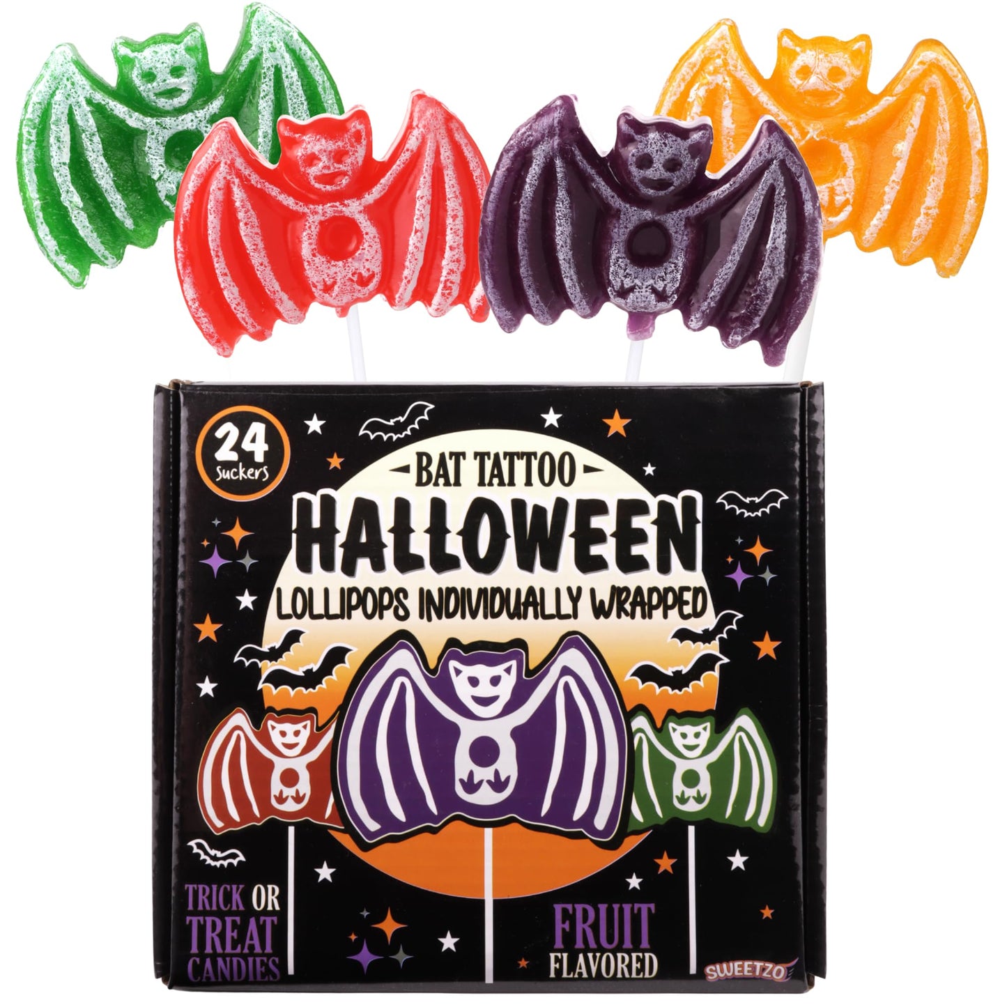 Sweetzo Bat Halloween Tattoo Lollipops - Individually Wrapped Suckers, 24 Count, Medium Size, Perfect for Trick or Treat Goodie Bags