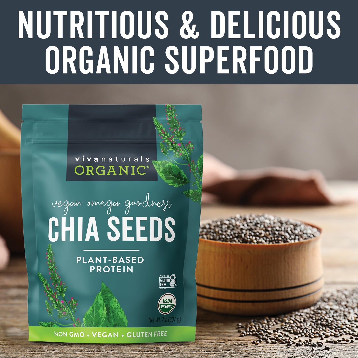 Viva Naturals Organic Chia Seeds 2 Lbs - Plant-Based Omega-3 And Vegan Protein, Non-Gmo Chia Seeds Organic Perfect For Smoothies