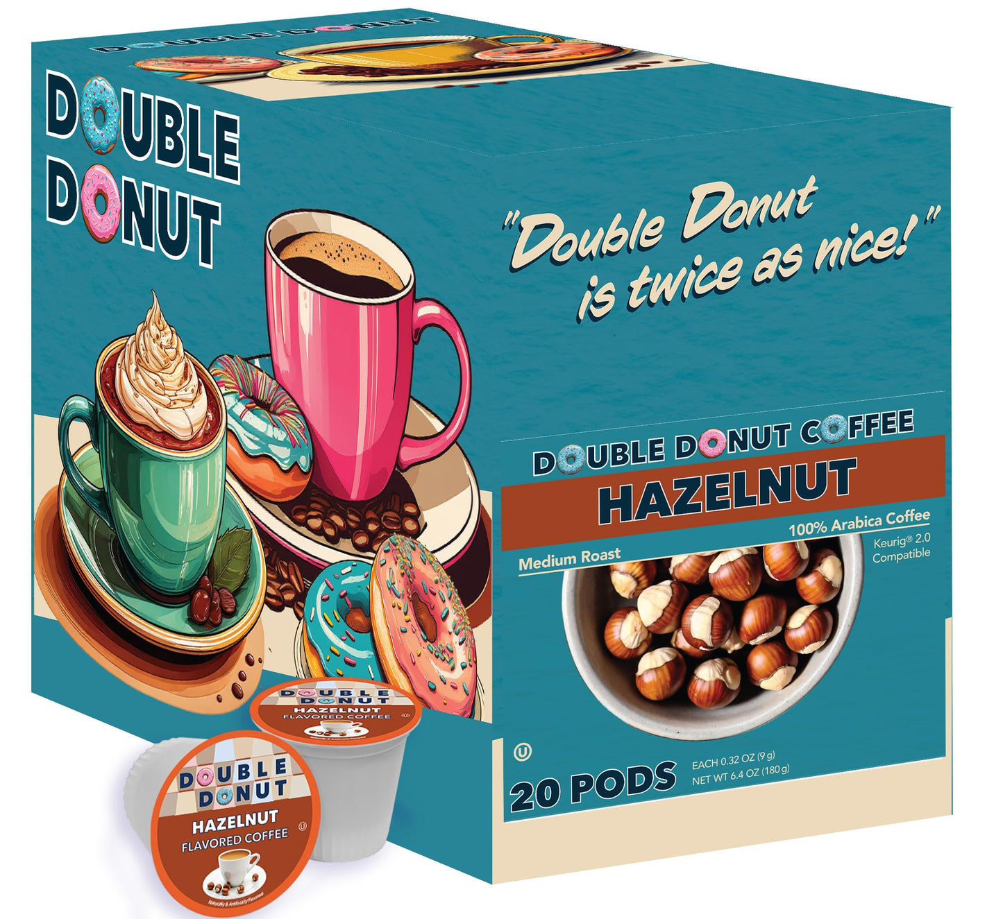 Double Donut Coffee Hazelnut Flavored Medium Roast Coffee Pods, 20 Count, Compatible with Keurig K Cups