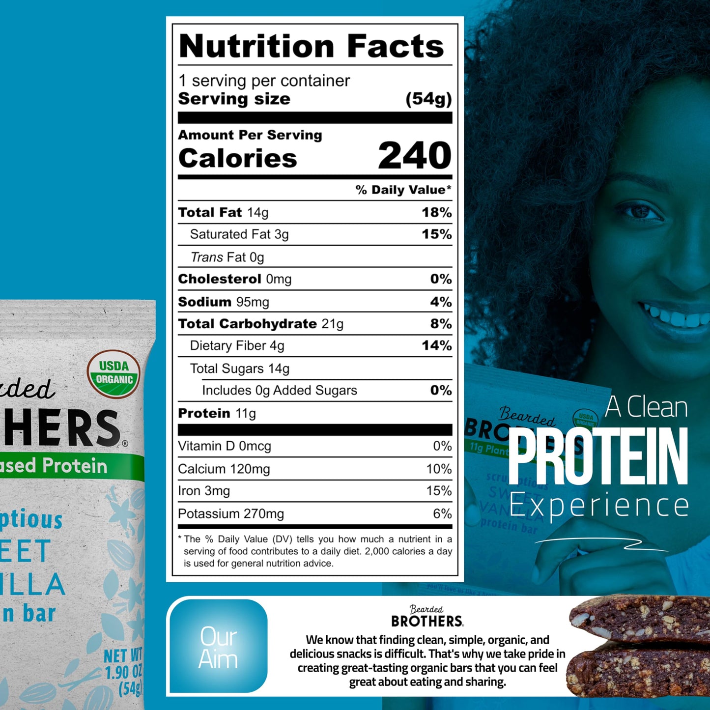 Bearded Brothers Organic Protein Bars, Vanilla (10 Pack) - 11G Of Plant Based Protein Gluten Free Vegan, Non-Gmo Healthy Snacks For Mature-Themeds Good Source Of Fiber