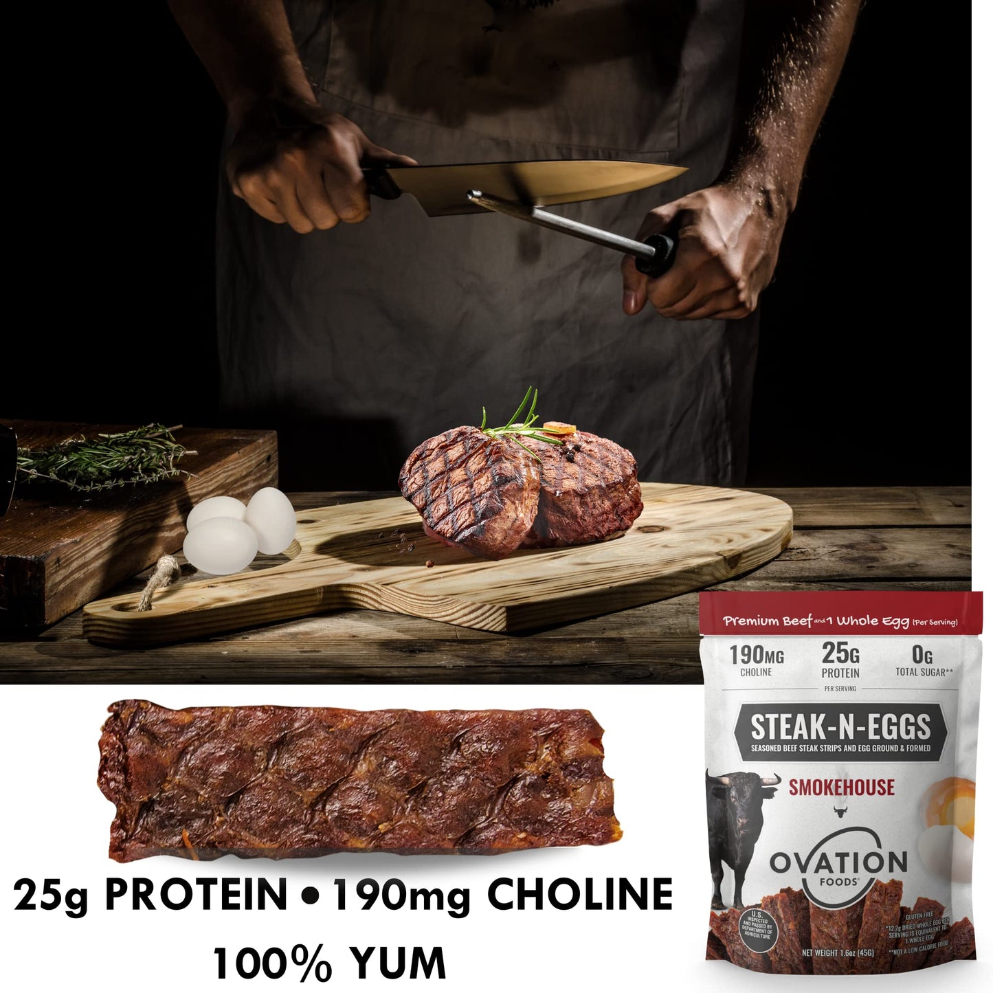 Ovation Foods Steak-N-Eggs Beef Strips, High-Protein Jerky, Gluten Free, KETO, 1.6oz Bag
