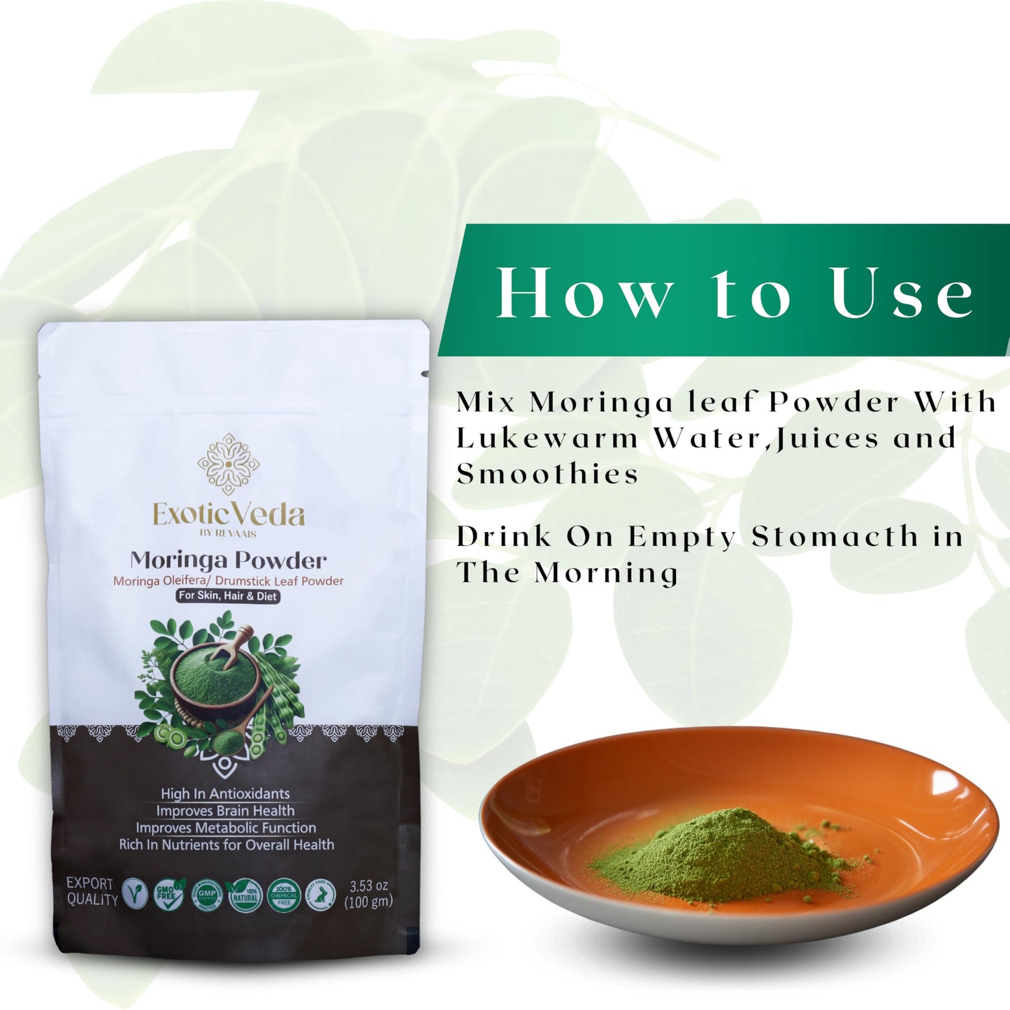Exotic Veda Premium Quality Moringa Powder (100G/3.52Oz) - 100% Pure, Vegan, Gluten-Free, Non-Gmo - Suitable For Smoothies, Baki