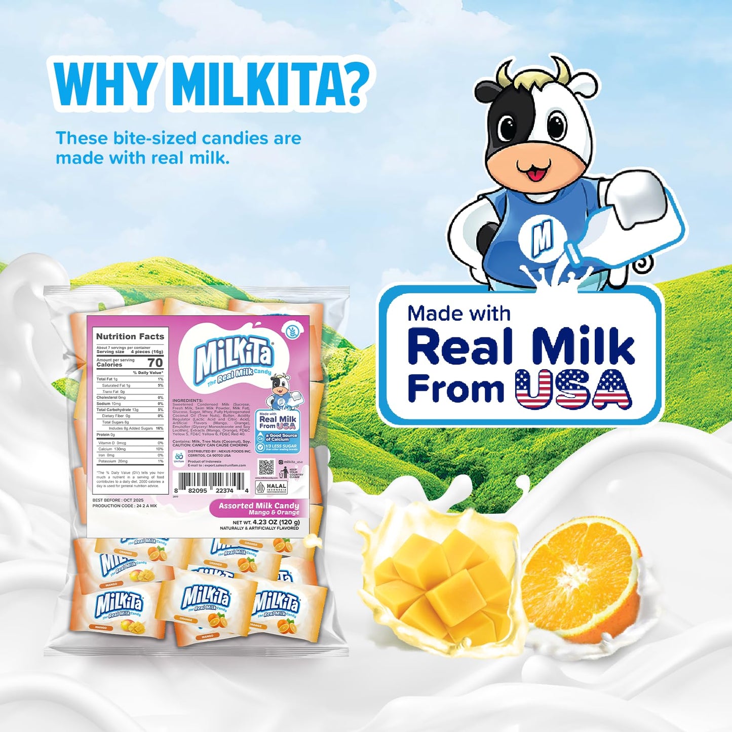 Milkita Creamy Shake Candy Bag, Gluten Free Chewy Candies With Calcium & Real Milk, Zero Trans Fat, Low-Sugar, Juicy Flavors (Mango And Orange)