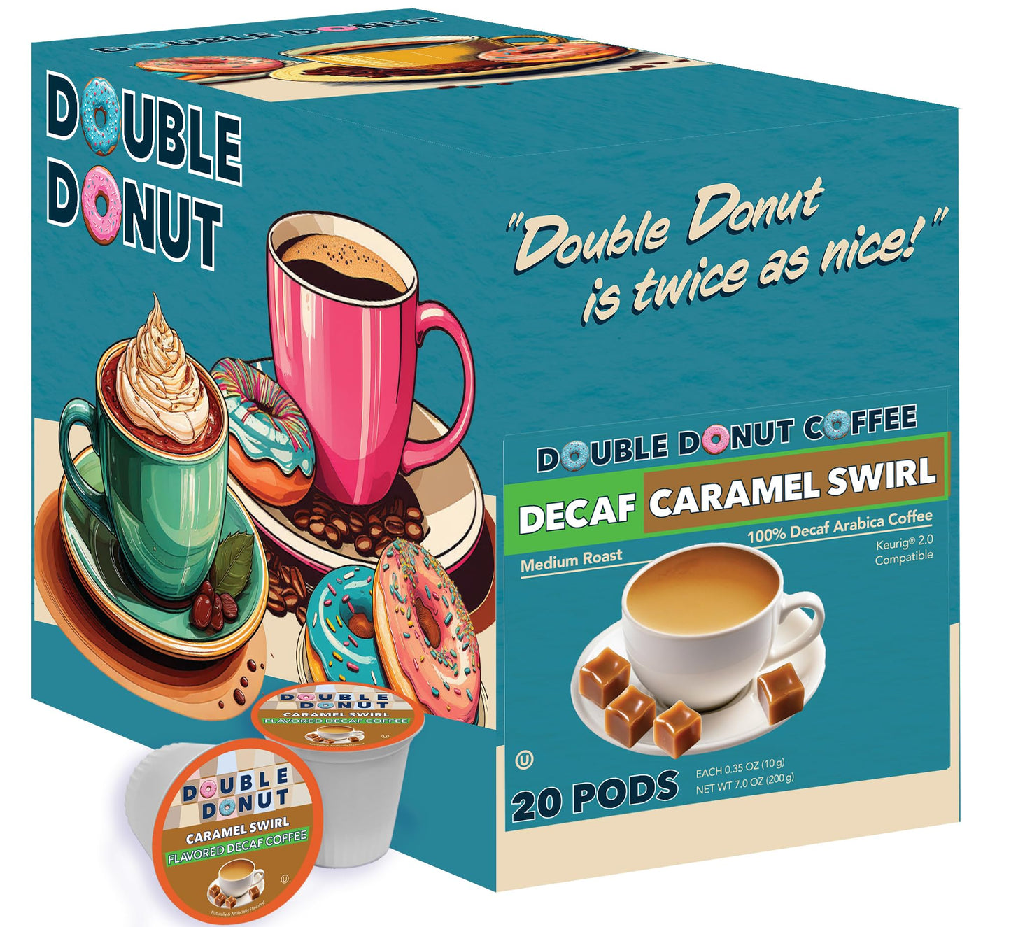 Double Donut Coffee Decaf Flavored Coffee Pods, Caramel Swirl, 20 Count for Keurig K Cups