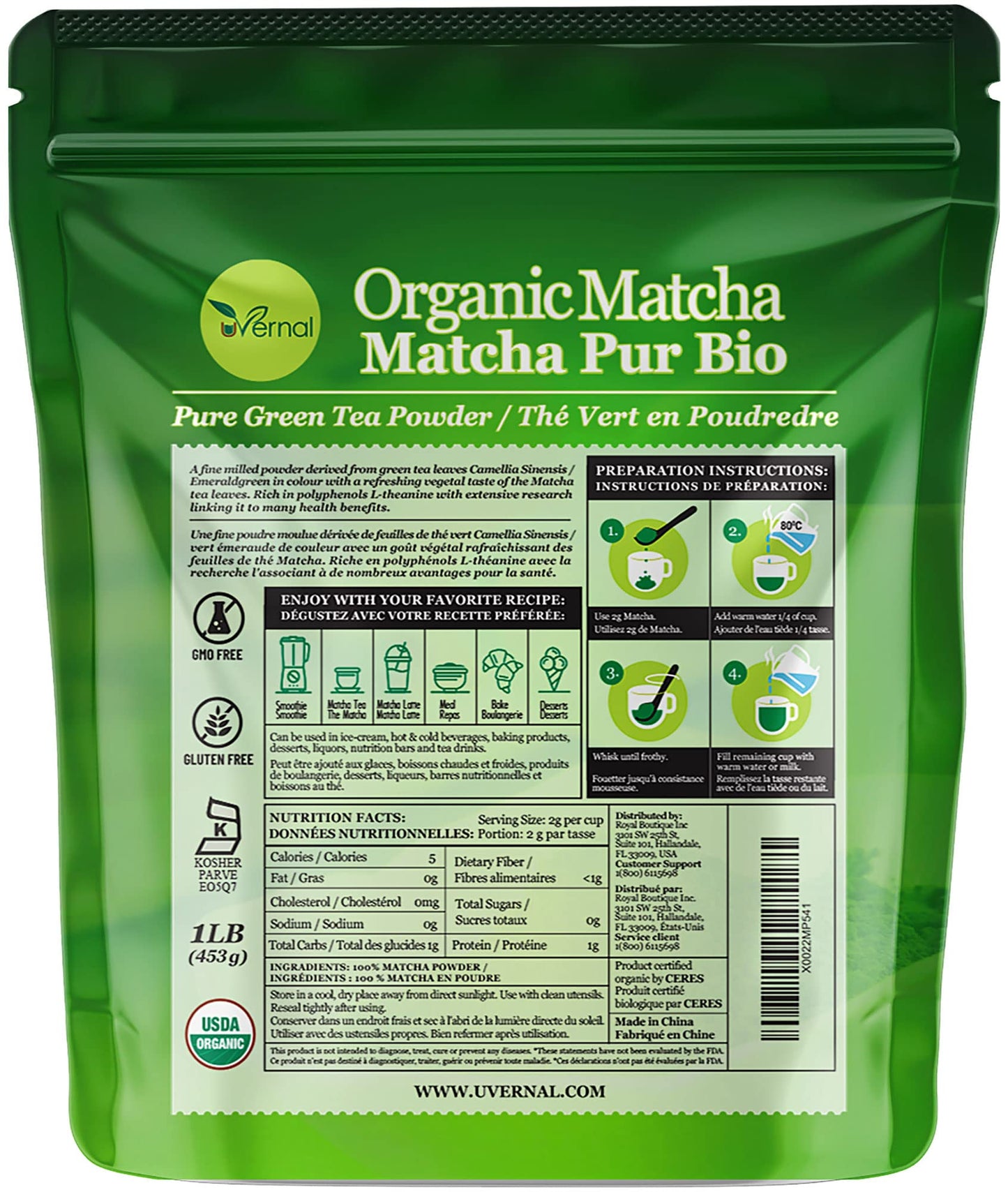 uVernal Organic Matcha Green Tea Powder - 100% Pure, Easy to Mix, 1 lb, Kosher Pareve