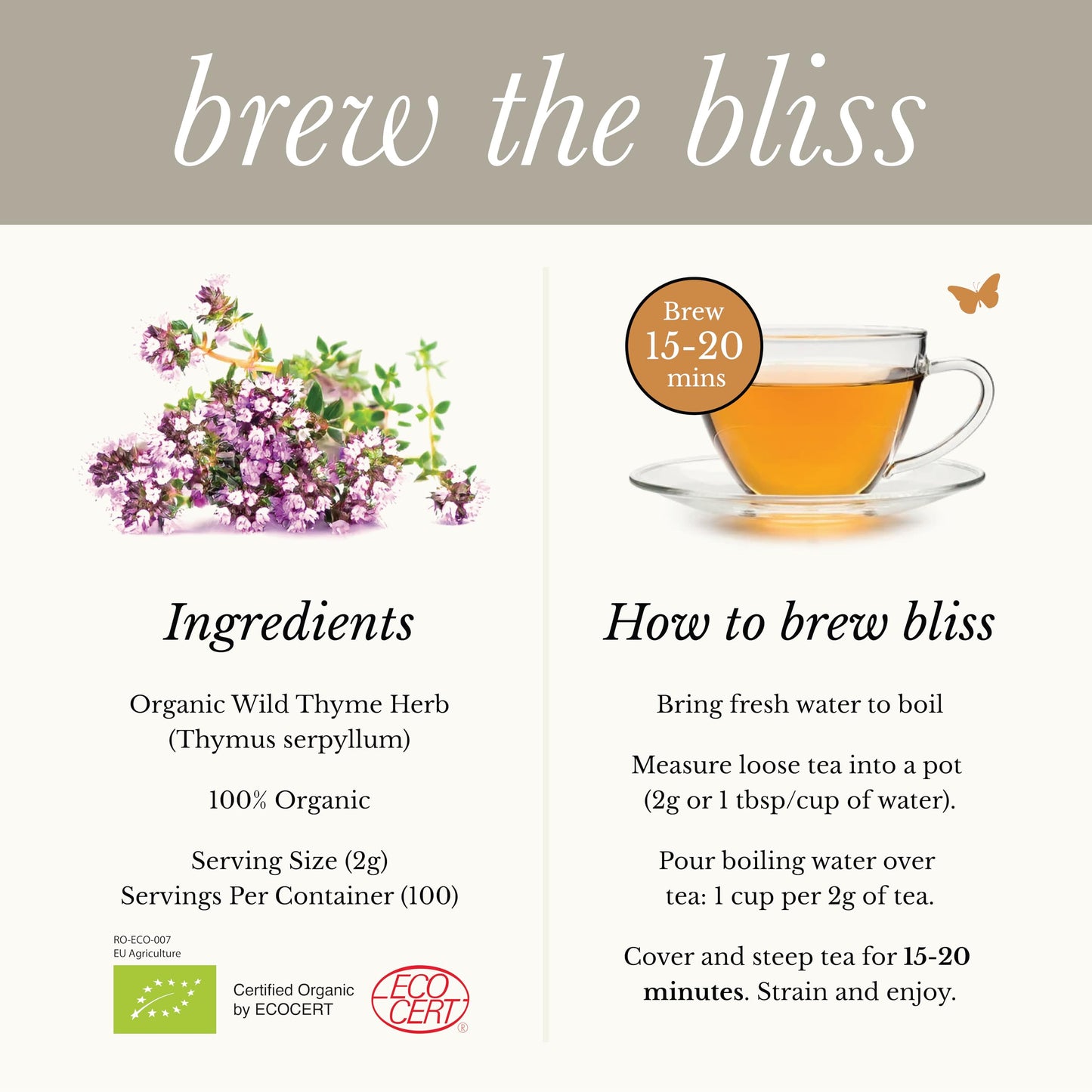 Wild Bliss Organic Wild Breckland Thyme Tea - Loose Leaf Herbal Tea - Caffeine Free - 100 Servings - 7.05 Oz