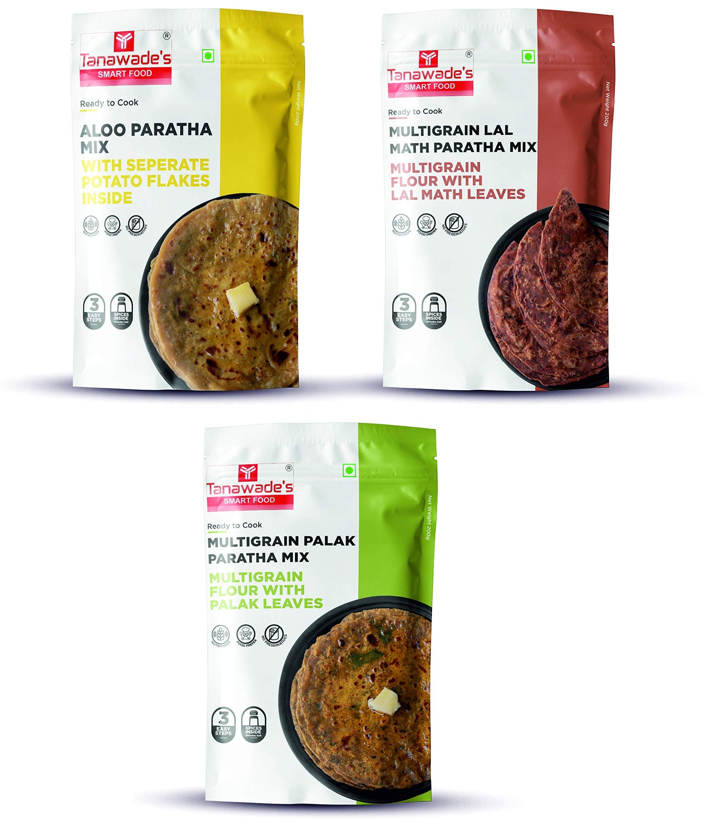 Tanawades Smart Food Paratha Combo, Instant Aloo Paratha, Lal Math Paratha, Palak Paratha Mix, Ready to Cook, Home Food with Han