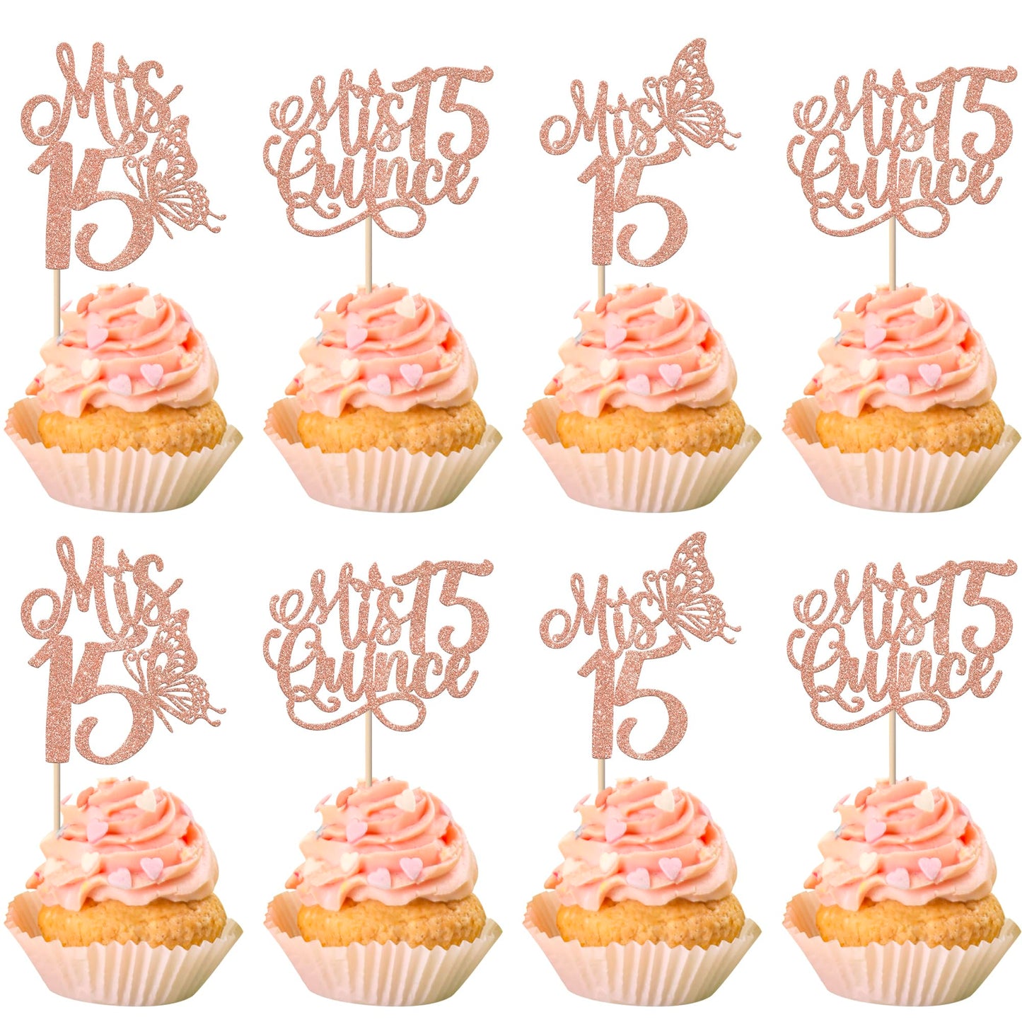 Rsstarxi Cupcake Toppers Pack of 24, Rose Gold Design, Happy 15th Birthday Decorations