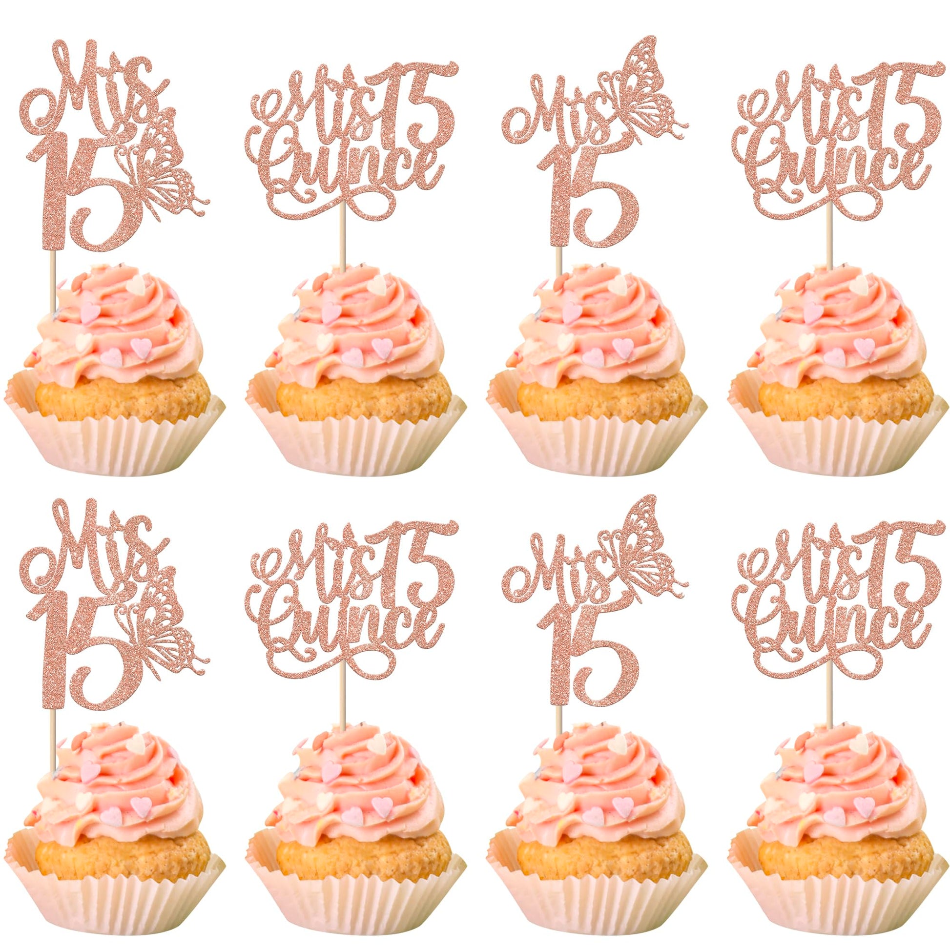 Rsstarxi Cupcake Toppers Pack of 24, Rose Gold Design, Happy 15th Birthday Decorations
