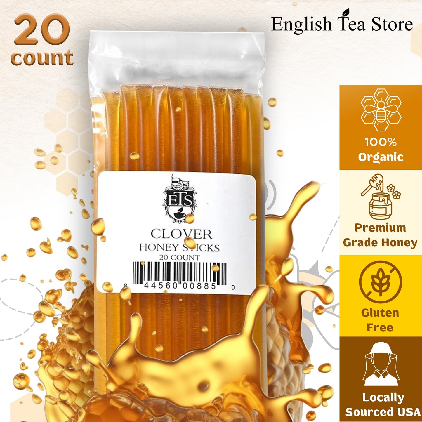 English Tea Store Honey Sticks, Clover Flavor, 20 Count Pack