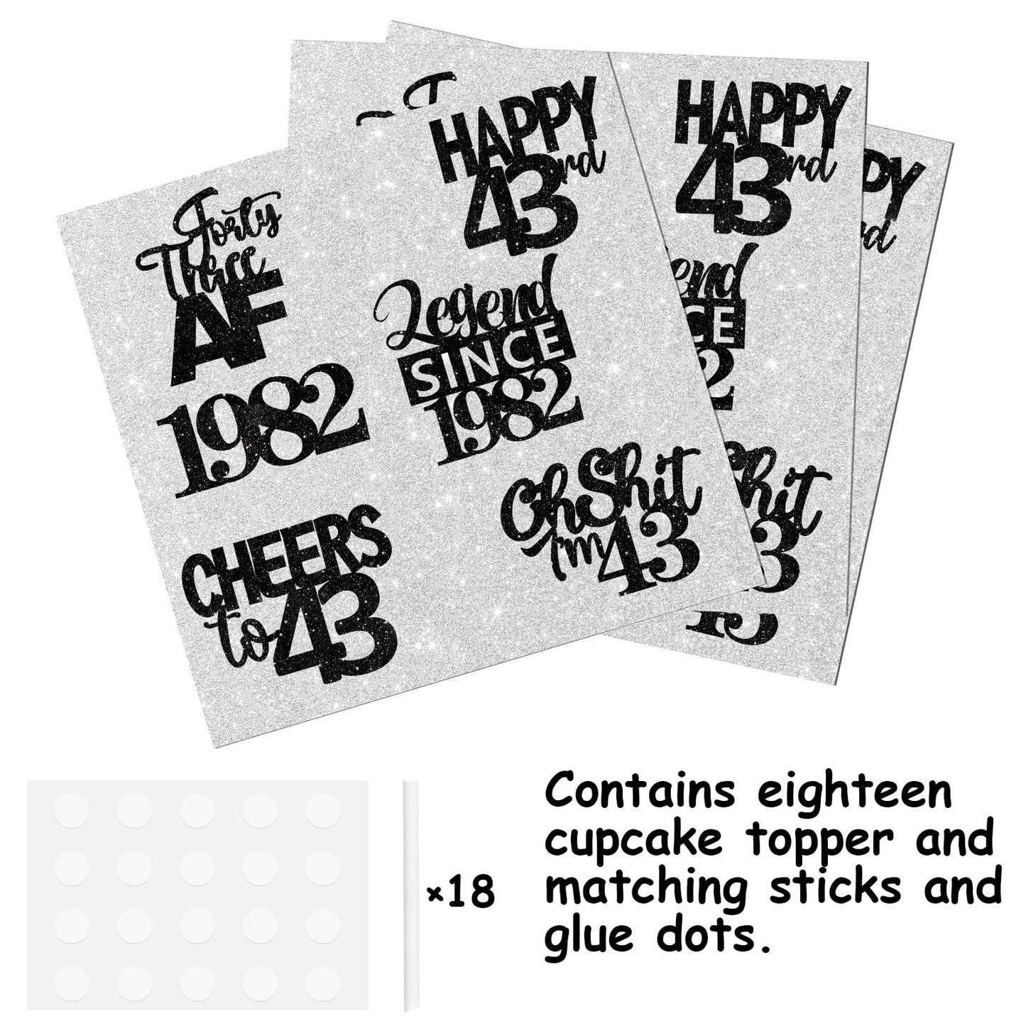 18Pcs Black Glitter Happy 43Rd Dessert Cupcake Topper Pick For Funny Legend Since 1982 Theme Decor Supplies Men Women Happy 43 B