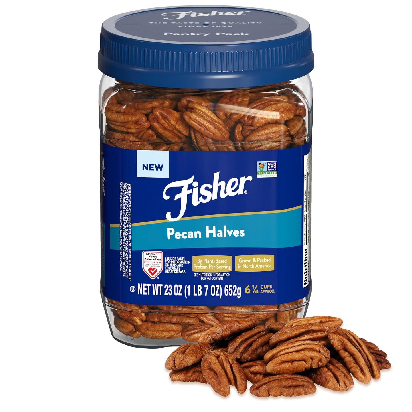 Fisher Pecan Halves, Unsalted Raw Nuts, 23 oz Resealable Jar, Gluten Free, Vegan Protein, Keto Snack, Brown