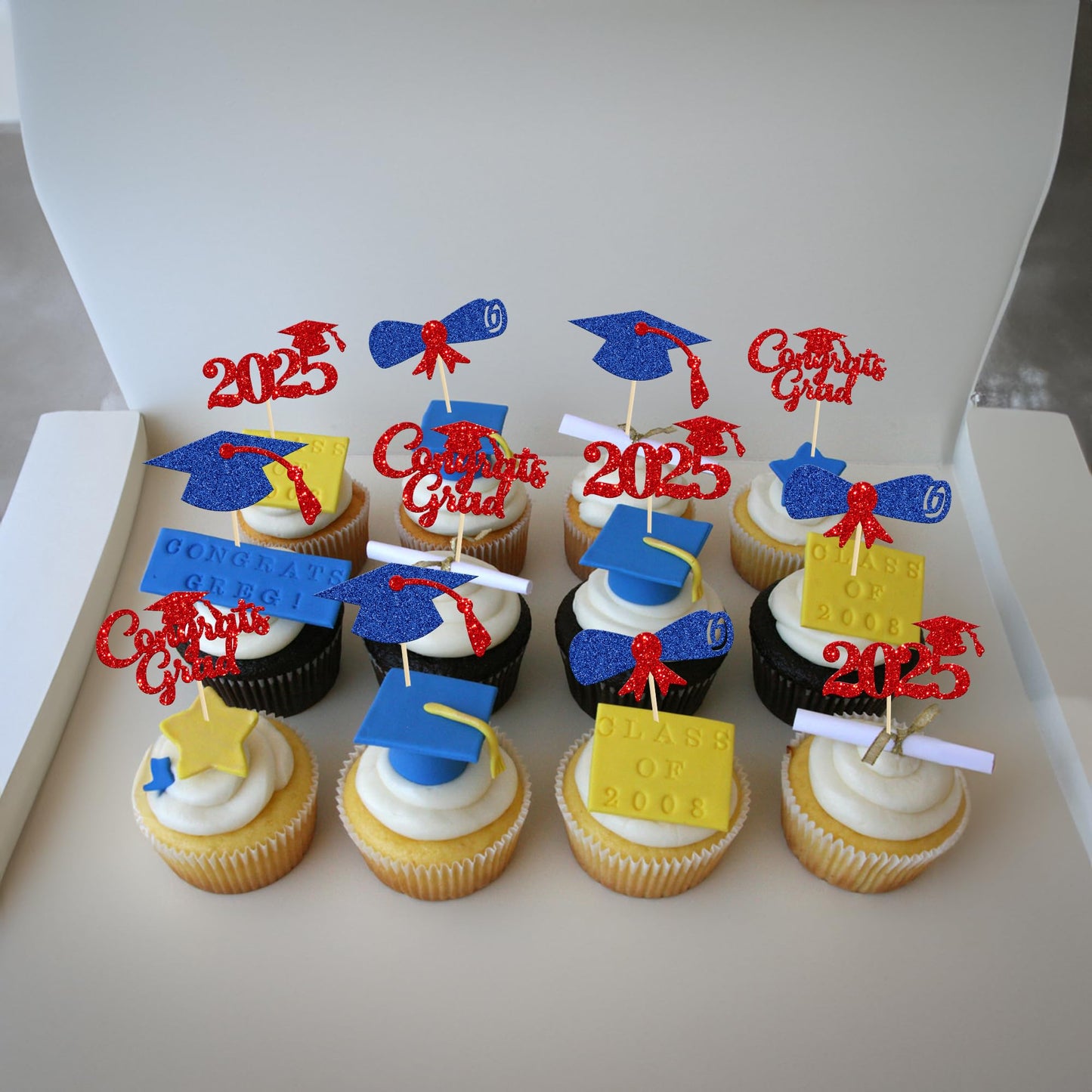 Gyufise 24Pcs Congrats Grad 2025 Cupcake Toppers Blue Red Graduation Cap Diploma Cake Decorations