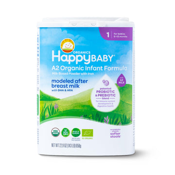 Happy Baby Organics Stage 1 A2 Infant Formula, 0-12 Months, Milk Based Organic Baby Formula Powder with A2 Milk, Probiotics & Pr
