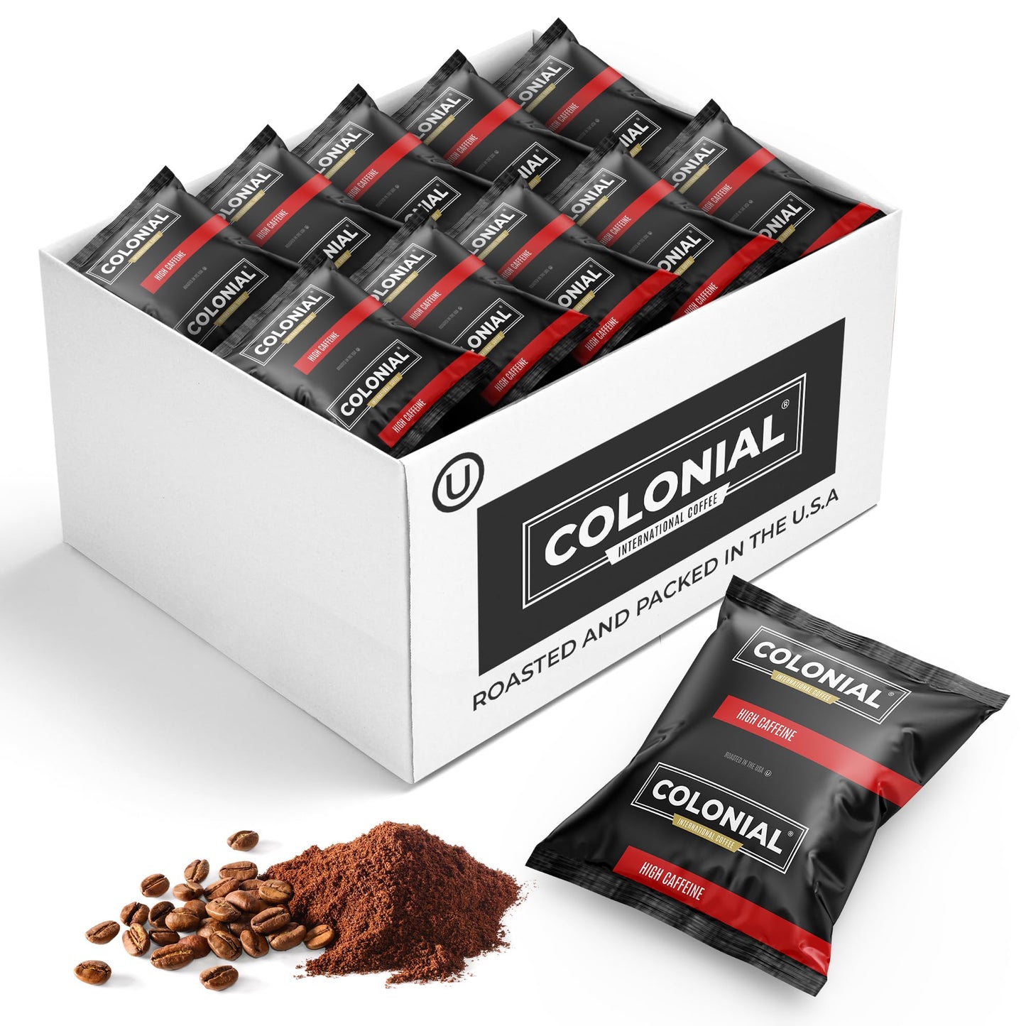 Colonial Coffee Packets  Pre Ground Coffee Packs  High Caffeine Blend  Medium - Dark Roast  Bulk Single Pot Bags for Drip Coffee Makers  (2.5 oz Bags  Pack of 100)