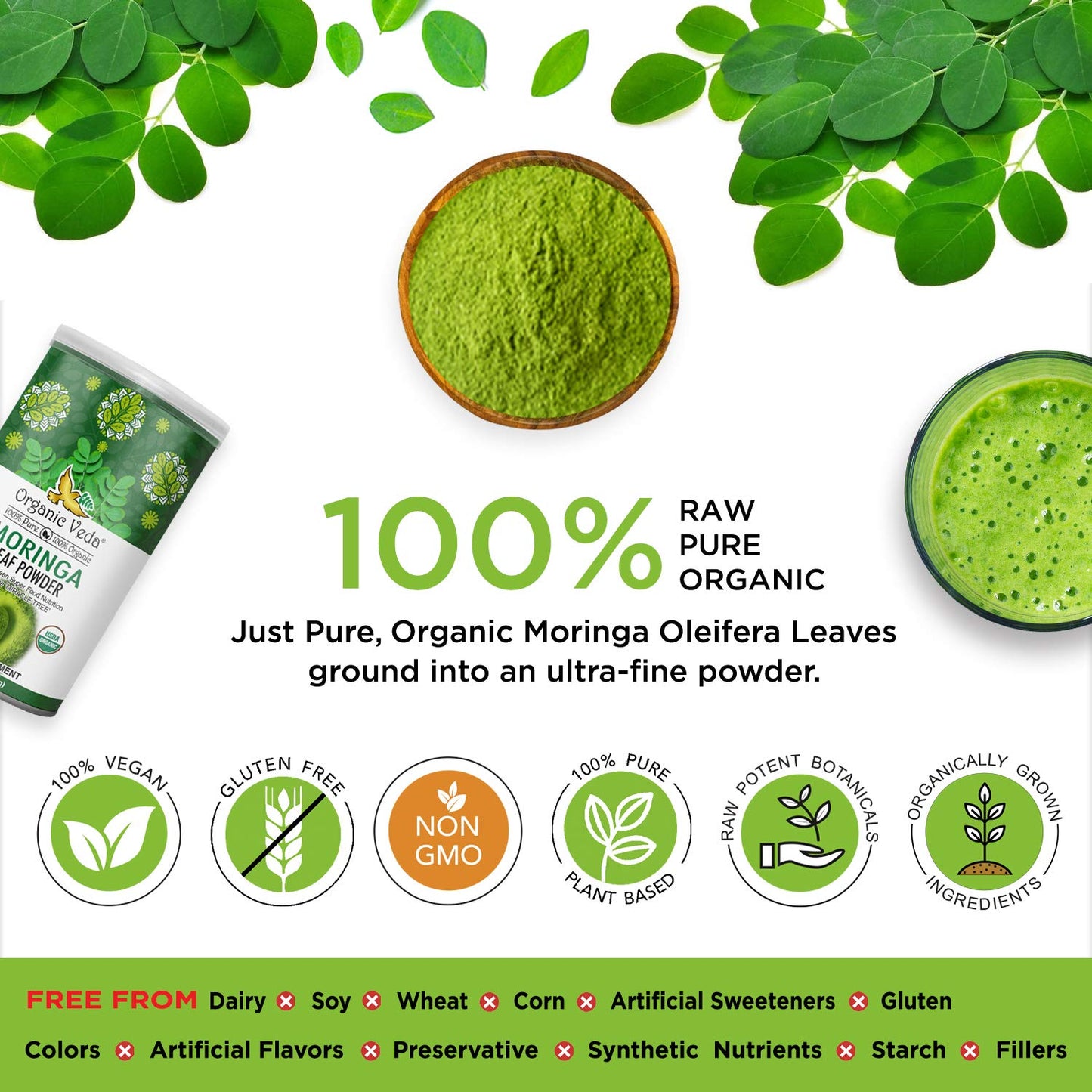 Organic Veda Moringa Powder - Premium USDA Organic, 7 Ounce (Pack of 1), Moringa Oleifera, Antioxidant Rich, Model MLP