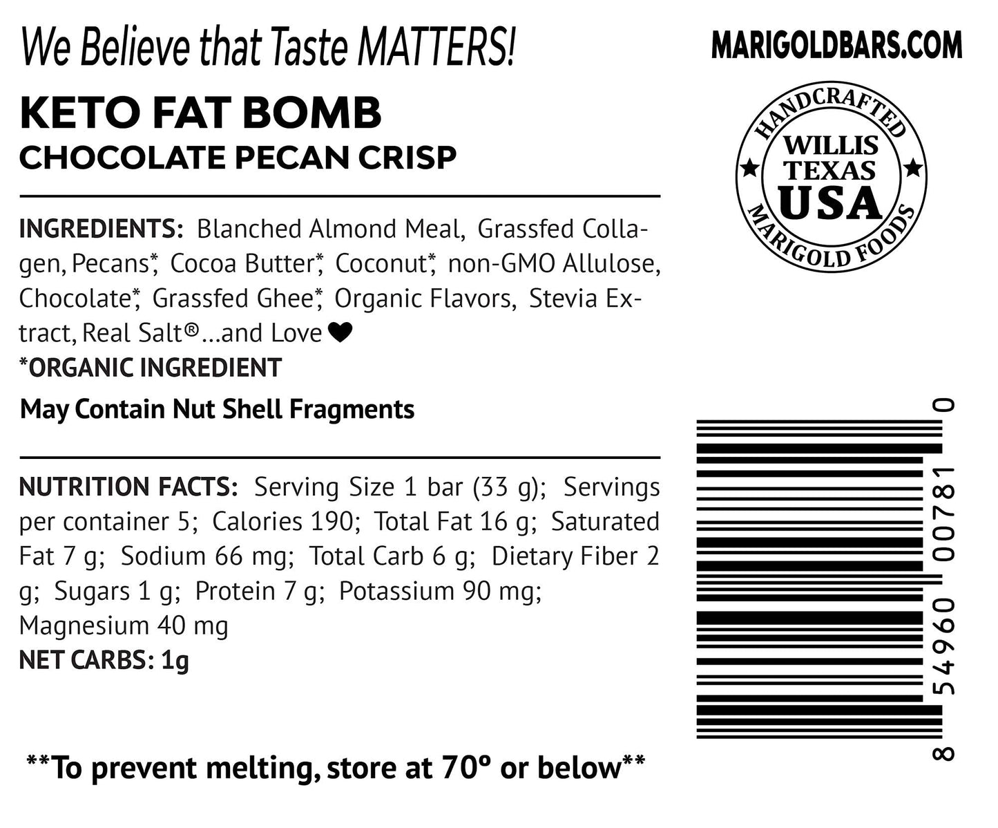 MariGold Keto Fat  s - Chocolate Pecan Crisp - Low Carb, Gluten-Free - 3 Pack (5 Servings Each)