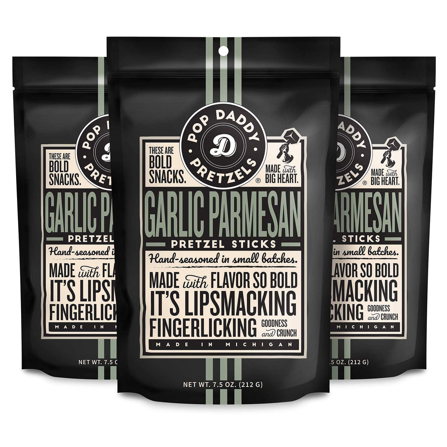 Pop Daddy Flavored Pretzels Sticks, Healthy Gourmet Pretzels Snacks, 7.5oz Individual Bags, 3 Pack, Garlic Parmesan