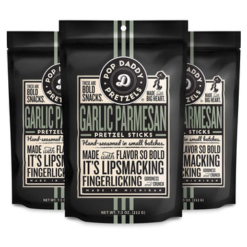 Pop Daddy Flavored Pretzels Sticks, Healthy Gourmet Pretzels Snacks, 7.5oz Individual Bags, 3 Pack, Garlic Parmesan