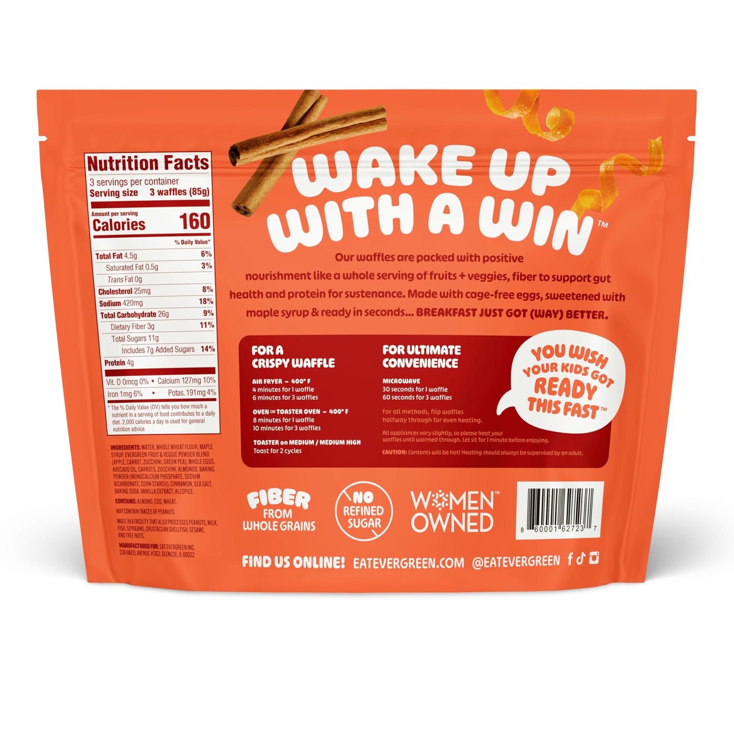 Evergreen Zucchini and Carrot Cake Waffles, 100% Whole Grain, 1 Full Combined Serving of Fruits & Veggies, Supports Gut Health,