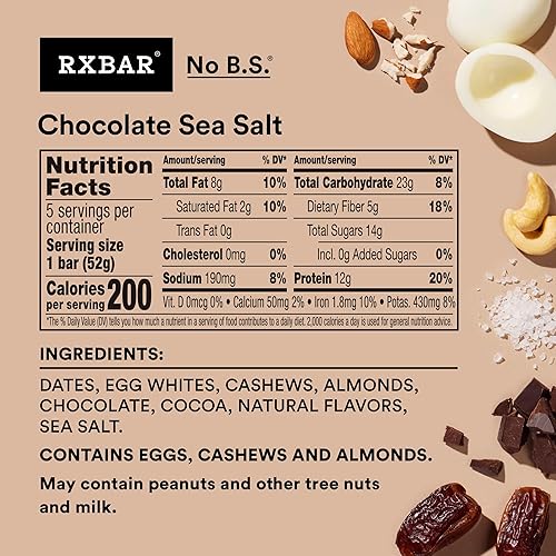 RXBAR Protein Bars, Protein Snack, Snack Bars, Chocolate Sea Salt, 9.1oz (5 Bars)