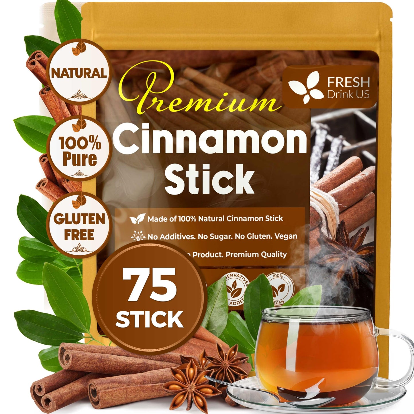 FreshDrinkUS  enhanced 75+ Cinnamon Dried Sticks  Whole Sticks  100% Natural & Pure Cinnamon Inner Bark  Raw Spice Flavor & Strong Aroma  Herbal Tea  Perfect for Warm Beverages