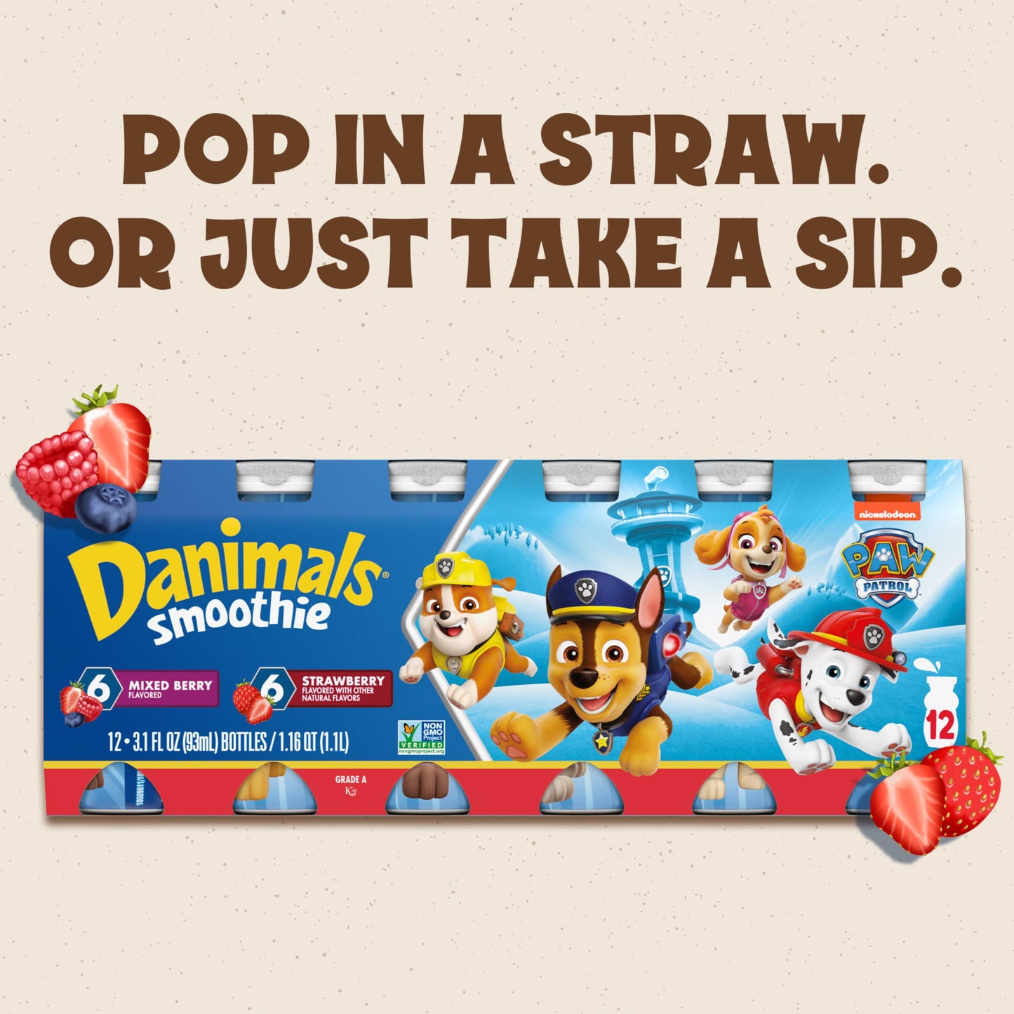 Danimals Smoothie Strawberry and Mixed Berry Dairy Drink Multi-Pack, Creamy and Delicious Low Fat Snacks for Kids, 12 Ct, 3.1 oz