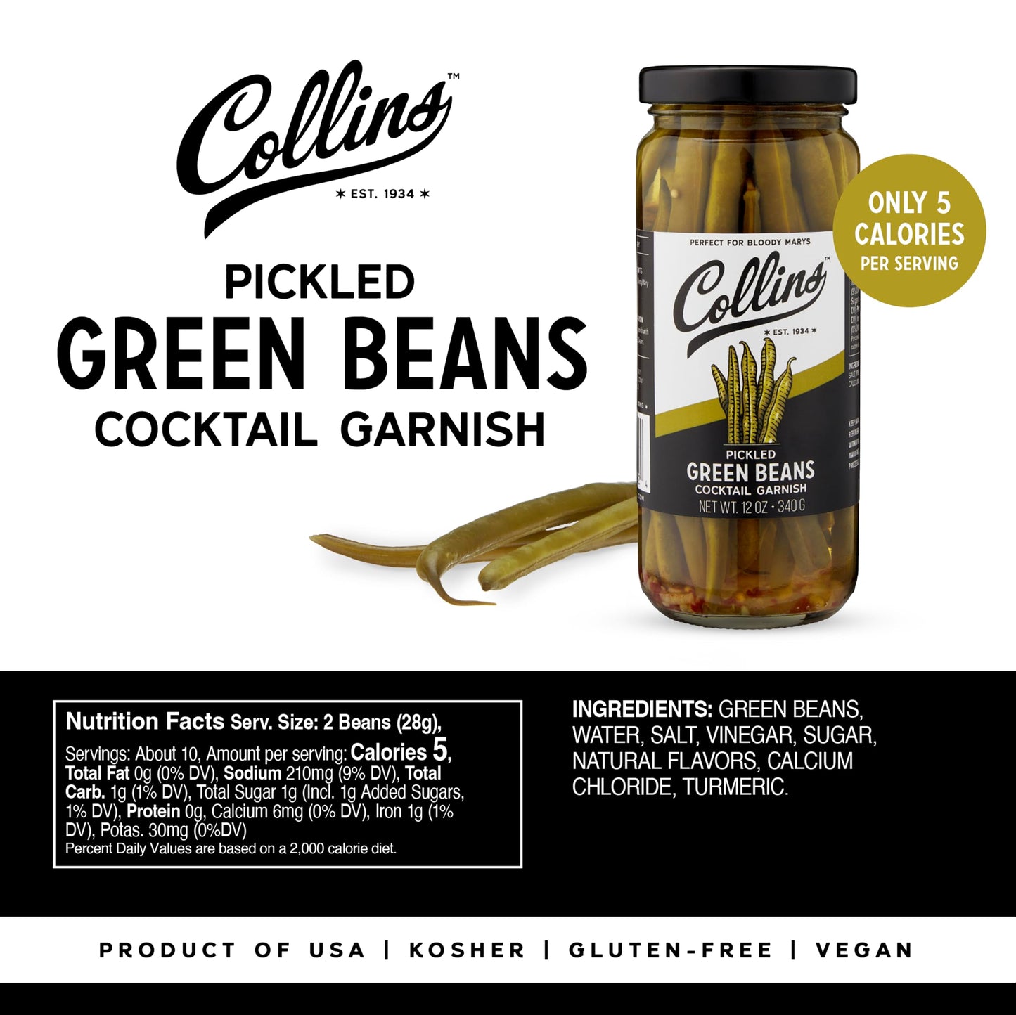 Collins Gourmet Pickled Green Beans For Cocktails - Spicy Crunchy Green Beans - Enhanced Condiment Garnish For Cocktails, Bloody Mary, Antipasto, Condiments, Or Salads - 12Oz