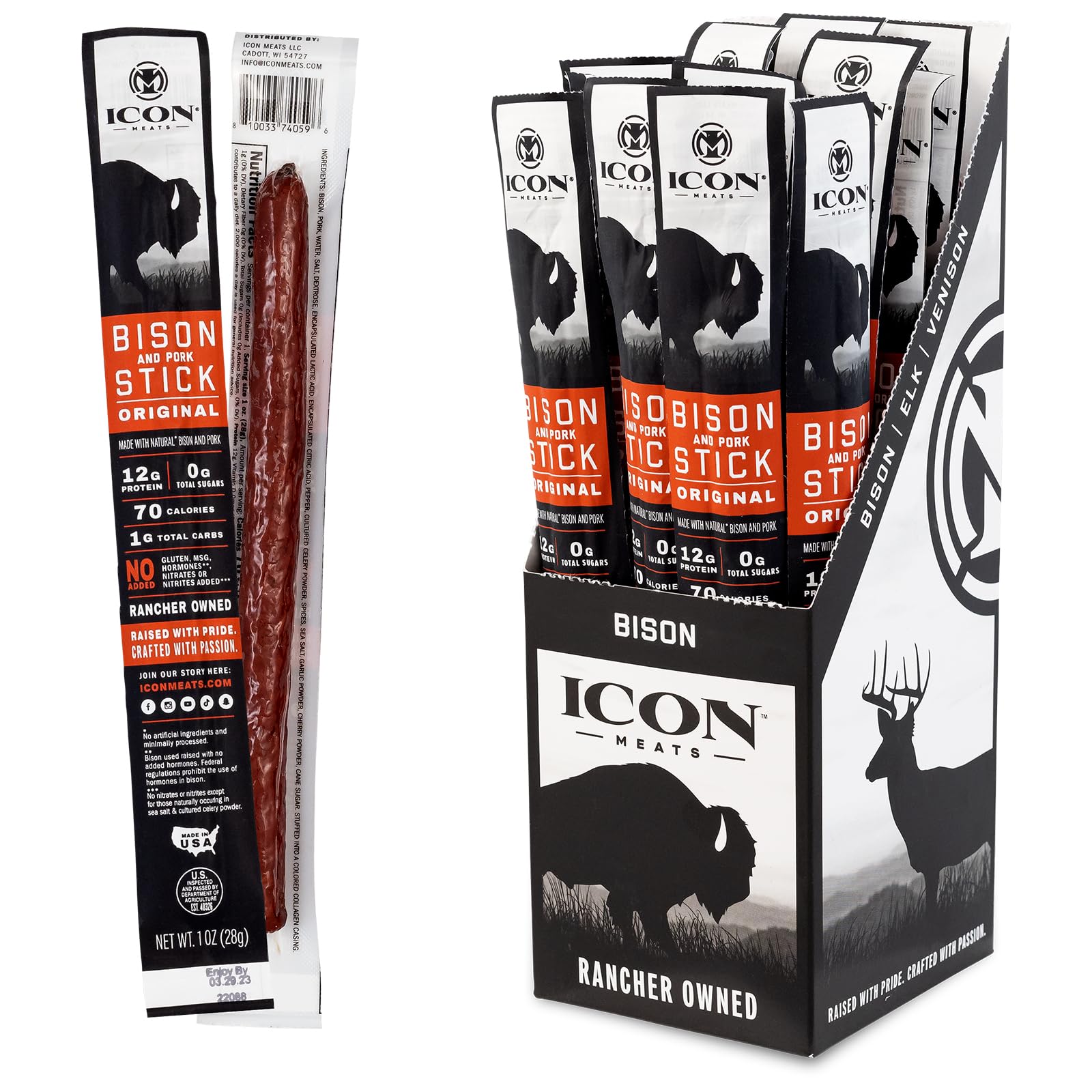 Icon Meats Bison And Pork Snack Sticks - Original Flavor - 24 Pack Of Individually Wrapped Jerky Meat Sticks, Usda Approved, All