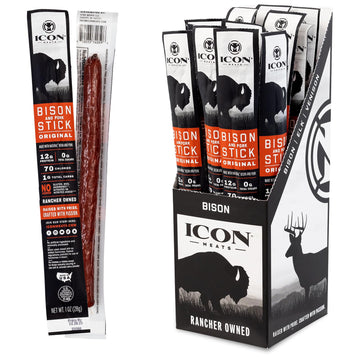 Icon Meats Bison And Pork Snack Sticks - Original Flavor - 24 Pack Of Individually Wrapped Jerky Meat Sticks, Usda Approved, All