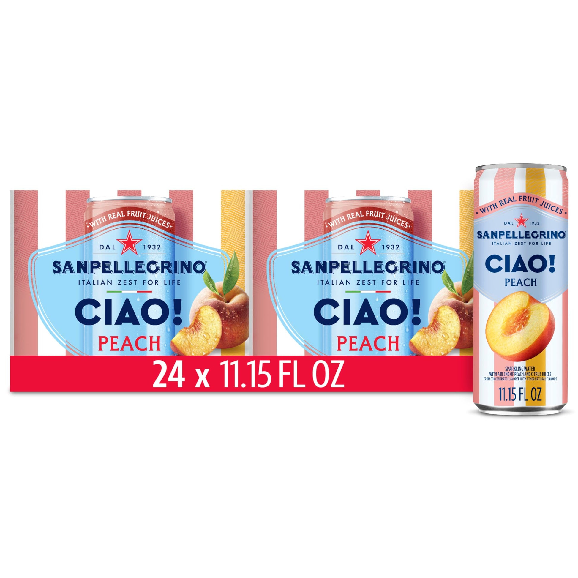 Sanpellegrino CIAO Peach Sparkling Water, Low-Calorie Italian Sparkling Water with Real Fruit Juices, 0g Added Sugar, 24-Pack