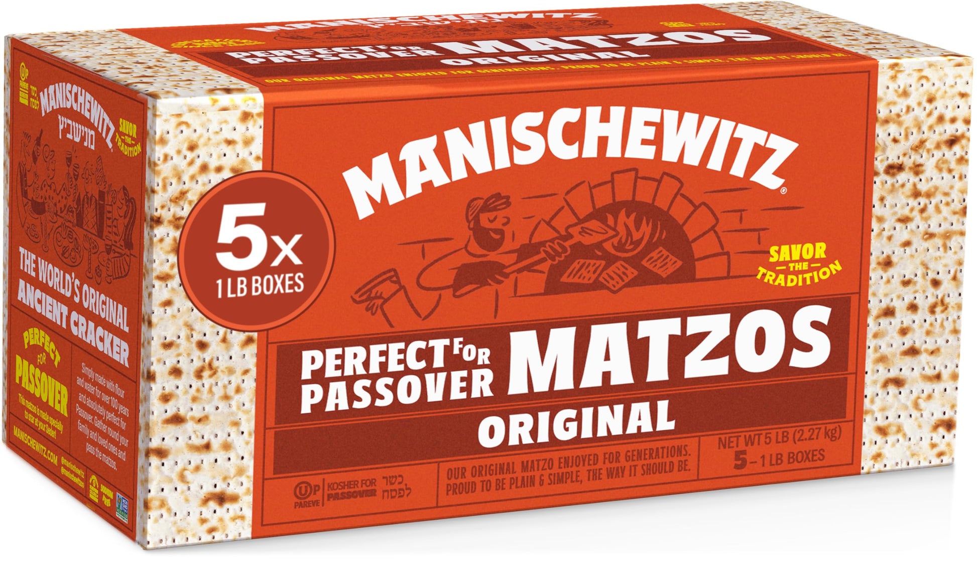 Manischewitz Passover Matzo, 5x1lbs Boxes (Total 5 Boxes) Freshly Baked for Passover 2026 | Just 2 Ingredients | Airy, Thin, Cri