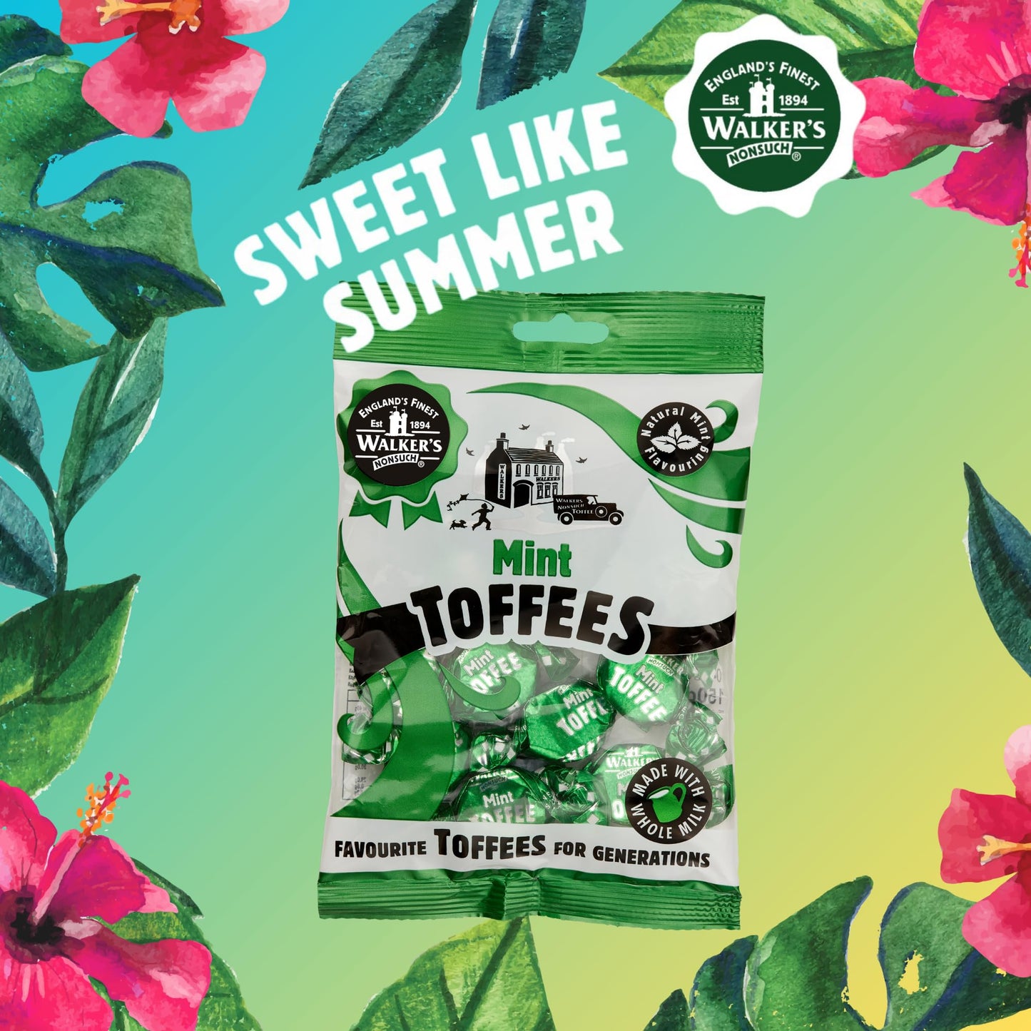 Walkers Nonsuch British Mint Toffee Candy 5.29 Oz (150G) - Natural Mint Flavor, Whole Milk Toffee, Individually Wrapped Chewy Candy Pack, Classic English Sweets, Imported Uk