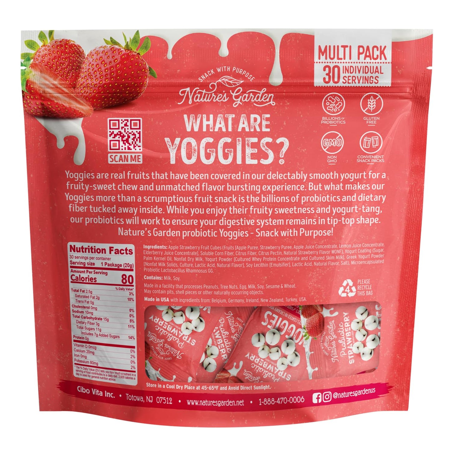 Nature'S Garden Probiotic Strawberry Yoggies 21Oz (30 X 0.7Oz) Pack Of 3 - Strawberry Yogurt-Covered Fruit Bites, High Fiber, Re